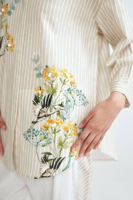 Rainas_Beige Cotton, Linen Embroidery Collared Stripe Garden Set _at_Aza_Fashions