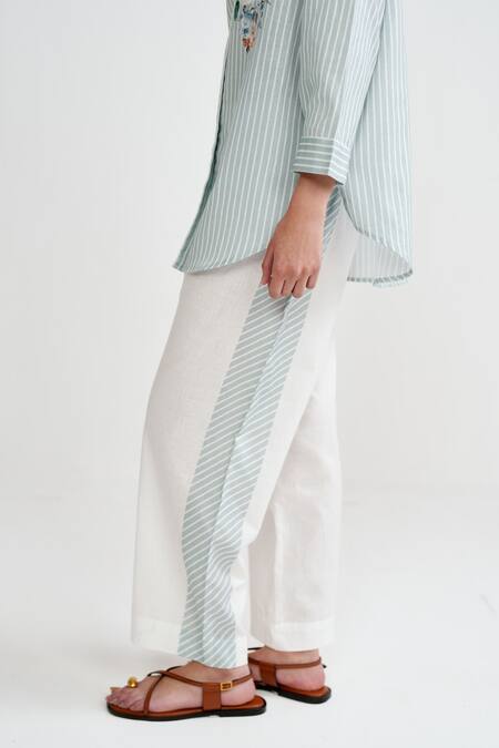 Buy_Rainas_Aqua Cotton, Linen Embroidery Collared Floral Set _Online_at_Aza_Fashions