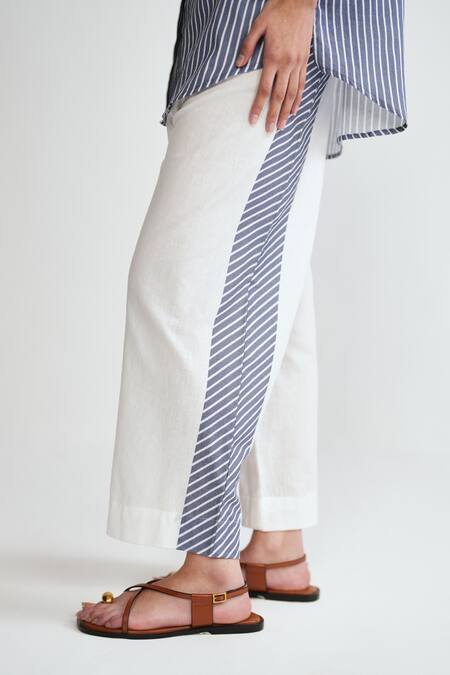 Buy_Rainas_Blue Cotton, Linen Embroidery Collared Aviary Stripes Set _Online_at_Aza_Fashions