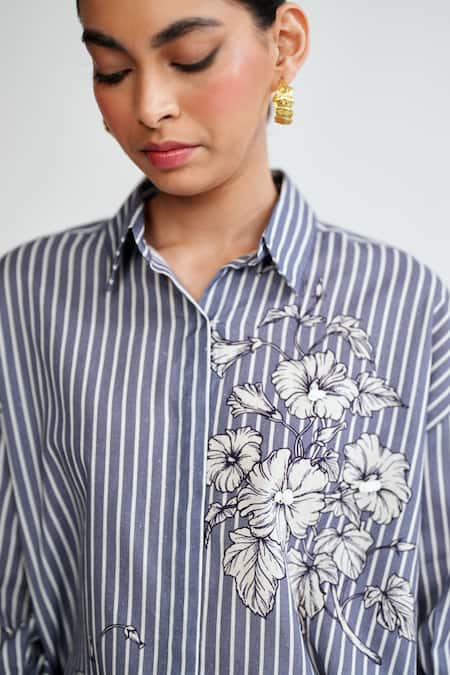 Shop_Rainas_Blue Cotton, Linen Embroidery Collared Aviary Stripes Set _Online_at_Aza_Fashions
