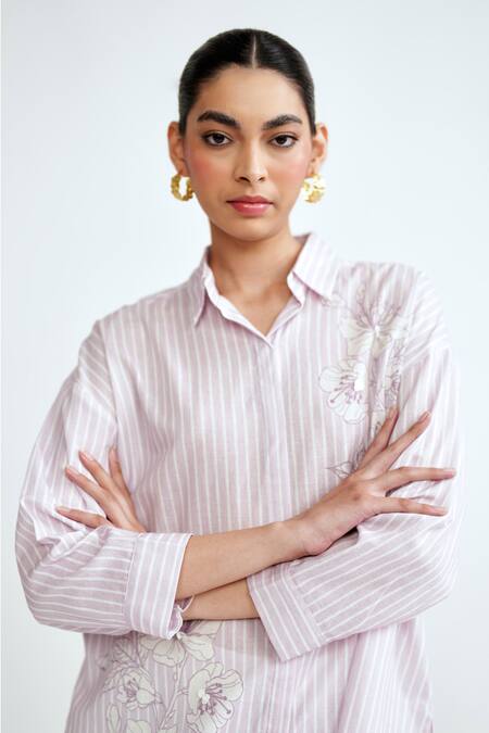Rainas Pink Cotton, Linen Embroidery Collared Blossom Streak Set Online at Aza Fashions Rainas_Pink Cotton, Linen Embroidery Collared Blossom Streak Set _Online_at_Aza_Fashions