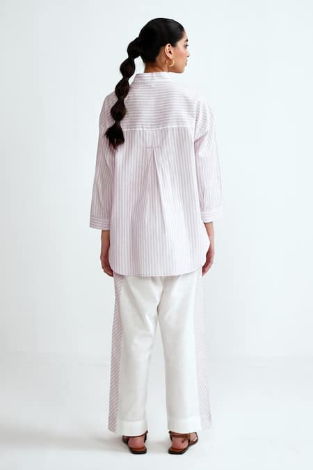 Shop Rainas Pink Cotton, Linen Embroidery Collared Blossom Streak Set at Aza Fashions Shop_Rainas_Pink Cotton, Linen Embroidery Collared Blossom Streak Set _at_Aza_Fashions