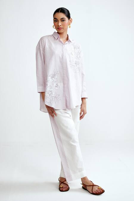 Buy Rainas Pink Cotton, Linen Embroidery Collared Blossom Streak Set Online at Aza Fashions Buy_Rainas_Pink Cotton, Linen Embroidery Collared Blossom Streak Set _Online_at_Aza_Fashions