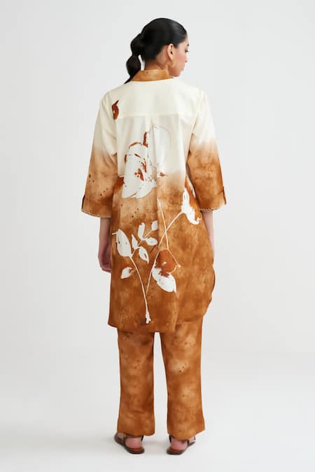 Shop_Rainas_Brown Cotton, Linen Collared Rustic Bloom Kurta And Pant Set _at_Aza_Fashions