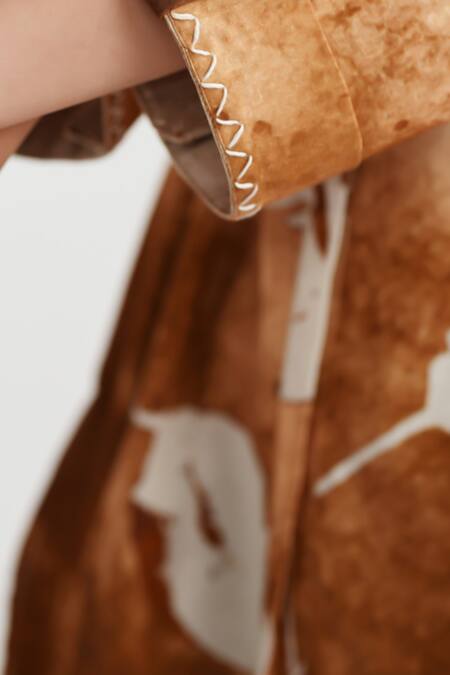 Buy_Rainas_Brown Cotton, Linen Collared Rustic Bloom Kurta And Pant Set _Online_at_Aza_Fashions