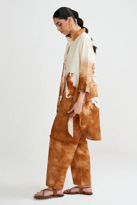 Shop_Rainas_Brown Cotton, Linen Collared Rustic Bloom Kurta And Pant Set _Online_at_Aza_Fashions