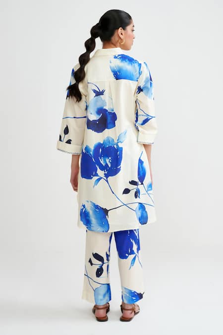 Shop_Rainas_Off White Cotton, Linen Collared Indigo Petals Kurta With Pant _at_Aza_Fashions