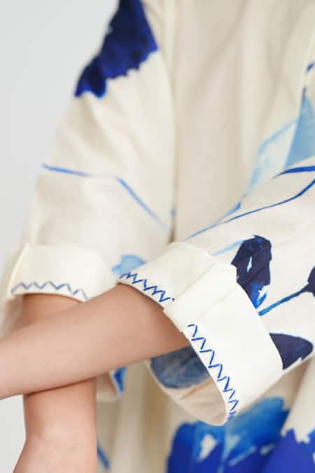 Shop_Rainas_Off White Cotton, Linen Collared Indigo Petals Kurta With Pant _Online_at_Aza_Fashions