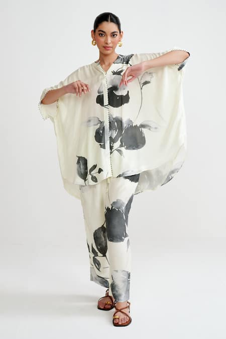 Rainas Off White Cotton, Silk Beads Round Neck Monochrome Meadow Kaftan Set 