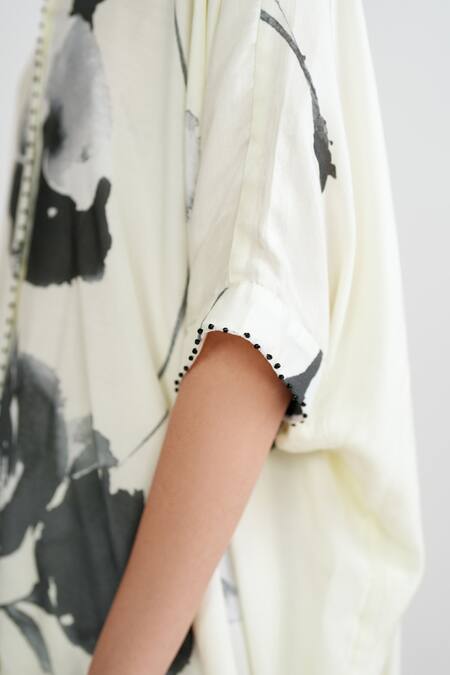 Shop_Rainas_Off White Cotton, Silk Beads Round Neck Monochrome Meadow Kaftan Set _Online_at_Aza_Fashions