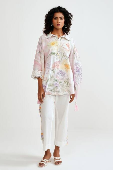 Rainas_Pink Cotton, Linen Lace Collared Checkered Bloom Shirt Set _Online_at_Aza_Fashions