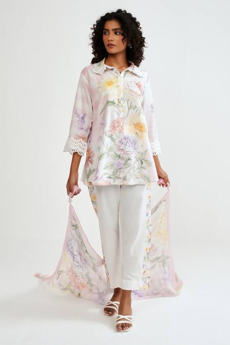 Buy_Rainas_Pink Cotton, Linen Lace Collared Checkered Bloom Shirt Set _Online_at_Aza_Fashions