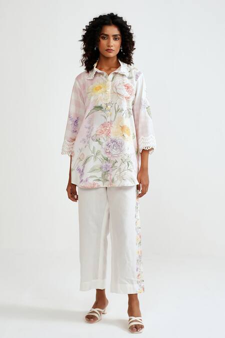 Shop_Rainas_Pink Cotton, Linen Lace Collared Checkered Bloom Shirt Set _Online_at_Aza_Fashions