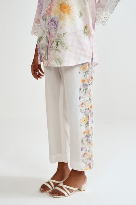 Rainas_Pink Cotton, Linen Lace Collared Checkered Bloom Shirt Set _at_Aza_Fashions