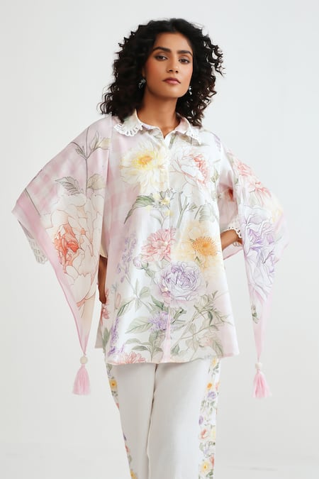 Buy_Rainas_Pink Cotton, Linen Lace Collared Checkered Bloom Shirt Set 