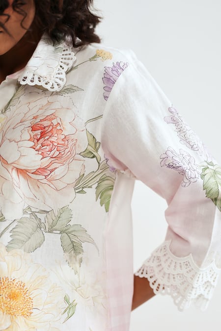 Shop_Rainas_Pink Cotton, Linen Lace Collared Checkered Bloom Shirt Set 