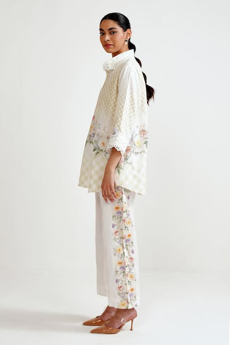 Shop_Rainas_Yellow Cotton, Linen Embroidery, Lace Collared Meadow Check Shirt And Pant Set _at_Aza_Fashions