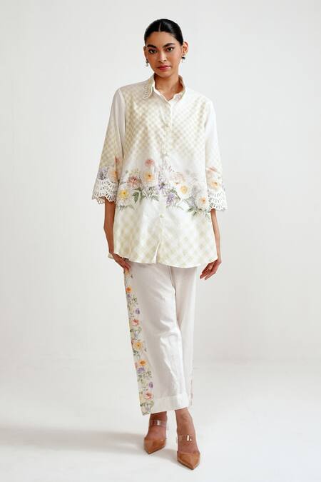 Rainas_Yellow Cotton, Linen Embroidery, Lace Collared Meadow Check Shirt And Pant Set _Online_at_Aza_Fashions
