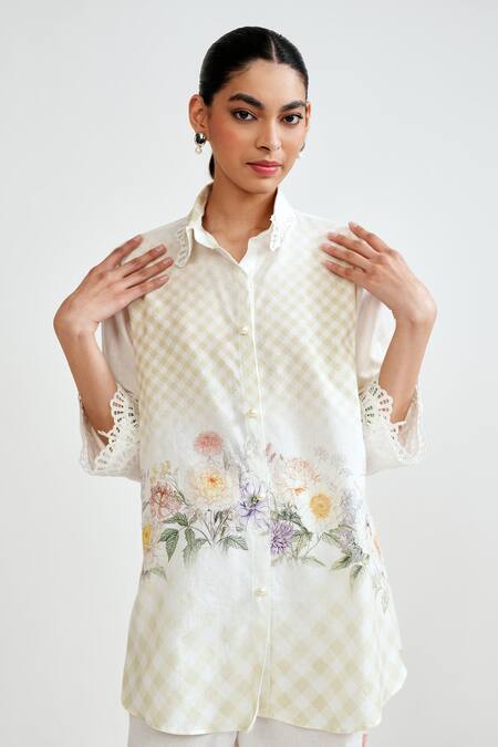 Buy_Rainas_Yellow Cotton, Linen Embroidery, Lace Collared Meadow Check Shirt And Pant Set _Online_at_Aza_Fashions