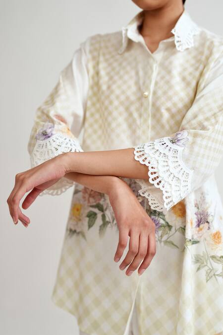Shop_Rainas_Yellow Cotton, Linen Embroidery, Lace Collared Meadow Check Shirt And Pant Set _Online_at_Aza_Fashions