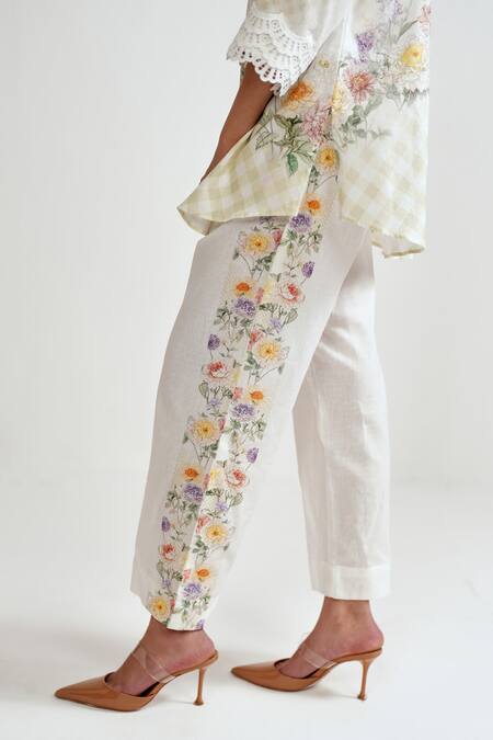 Rainas_Yellow Cotton, Linen Embroidery, Lace Collared Meadow Check Shirt And Pant Set _at_Aza_Fashions