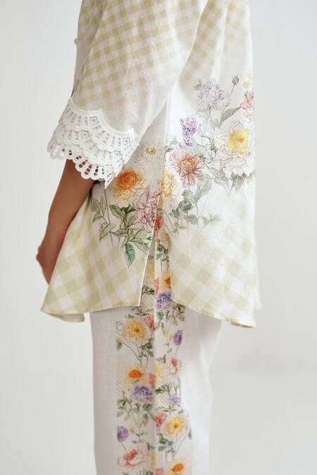 Buy_Rainas_Yellow Cotton, Linen Embroidery, Lace Collared Meadow Check Shirt And Pant Set 