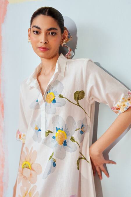 Rainas_Multi Color Cotton, Linen Embroidery Collared Floral Symphony Dress _Online_at_Aza_Fashions