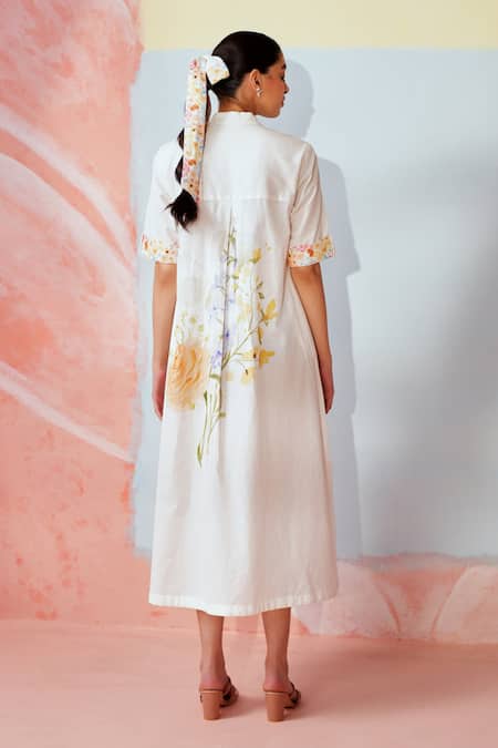 Shop_Rainas_Multi Color Cotton, Linen Embroidery Collared Floral Symphony Dress _at_Aza_Fashions