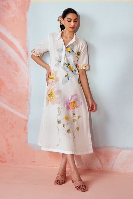 Buy_Rainas_Multi Color Cotton, Linen Embroidery Collared Floral Symphony Dress _Online_at_Aza_Fashions