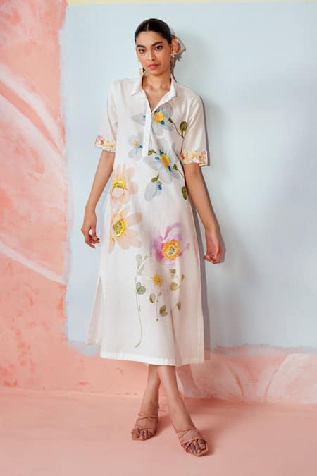 Shop_Rainas_Multi Color Cotton, Linen Embroidery Collared Floral Symphony Dress _Online_at_Aza_Fashions