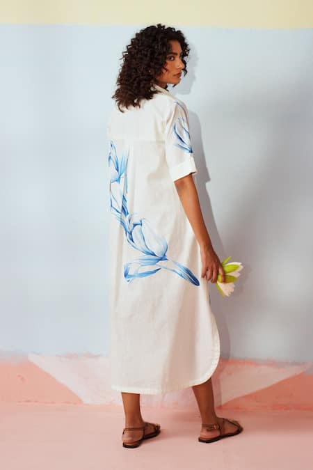 Shop Rainas White Cotton, Linen Collared Bluebell Whisper Dress at Aza Fashions Shop_Rainas_White Cotton, Linen Collared Bluebell Whisper Dress _at_Aza_Fashions
