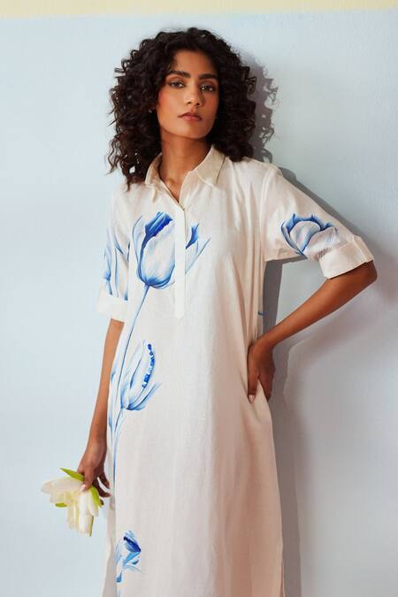 Buy Rainas White Cotton, Linen Collared Bluebell Whisper Dress Online at Aza Fashions Buy_Rainas_White Cotton, Linen Collared Bluebell Whisper Dress _Online_at_Aza_Fashions