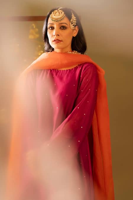 Rashi Jain_Magenta Chanderi, Organza Round Neck And Rust Kurta Set _Online_at_Aza_Fashions