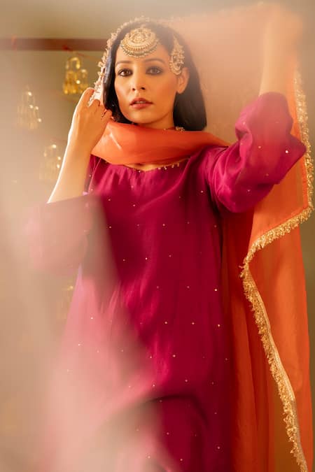 Buy_Rashi Jain_Magenta Chanderi, Organza Round Neck And Rust Kurta Set _Online_at_Aza_Fashions