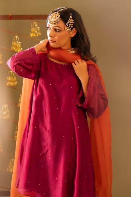 Rashi Jain Magenta Chanderi, Organza Round Neck And Rust Kurta Set 