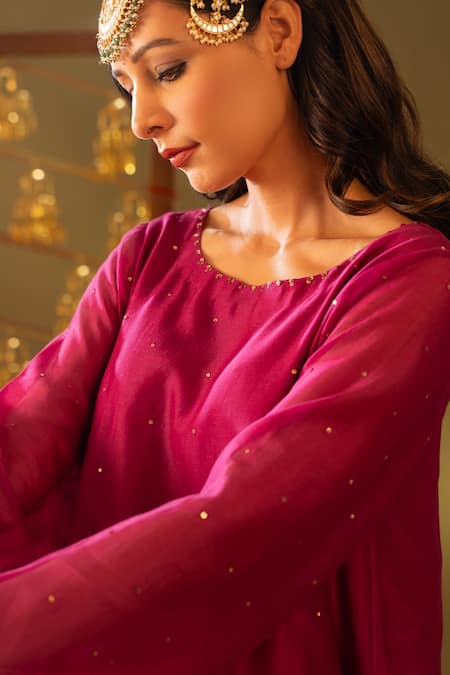Shop_Rashi Jain_Magenta Chanderi, Organza Round Neck And Rust Kurta Set _Online_at_Aza_Fashions