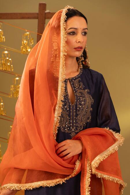 Shop_Rashi Jain_Navy Chanderi, Organza Embroidery Keyhole Neck And Rust Kurta Set _Online_at_Aza_Fashions