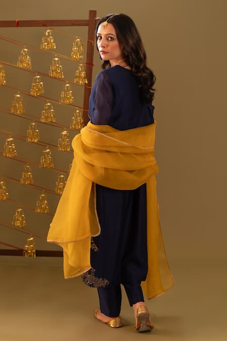 Rashi Jain Navy & Mustard Chanderi Kurta Set 