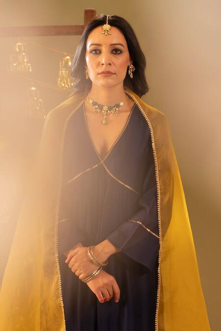Buy_Rashi Jain_Navy Chanderi, Organza Embroidery V-neck And Mustard Kurta Set _Online_at_Aza_Fashions