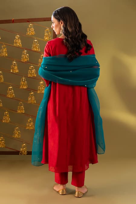 Rashi Jain Red & Teal Chanderi Kurta Pant Dupatta Set 