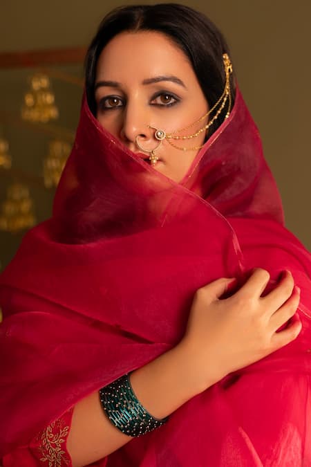 Buy_Rashi Jain_Red Chanderi, Organza Tassels V-neck Angrakha Set With Dupatta _Online_at_Aza_Fashions