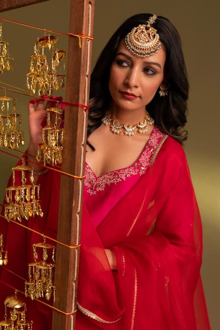 Buy_Rashi Jain_Pink Chanderi, Organza Sequins, Embroidery Round Neck Anarkali Set _Online_at_Aza_Fashions