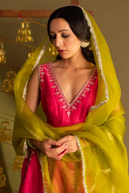 Shop Rashi Jain Pink Chanderi, Organza Embroidery V-neck Anarkali Set With Dupatta Online at Aza Fashions Shop_Rashi Jain_Pink Chanderi, Organza Embroidery V-neck Anarkali Set With Dupatta _Online_at_Aza_Fashions