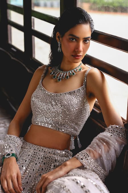Shop Sabe Silver Tissue, Net Sequins, Beads Scoop Neck Designer Grey Aaravi Lehenga Set Online at Aza Fashions Shop_Sabe_Silver Tissue, Net Sequins, Beads Scoop Neck Designer Grey Aaravi Lehenga Set _Online_at_Aza_Fashions