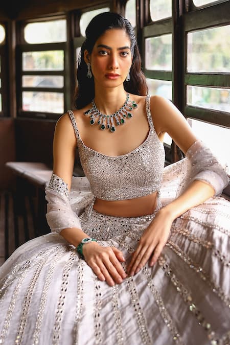 Sabe Silver Tissue, Net Sequins, Beads Scoop Neck Designer Grey Aaravi Lehenga Set at Aza Fashions Sabe_Silver Tissue, Net Sequins, Beads Scoop Neck Designer Grey Aaravi Lehenga Set _at_Aza_Fashions
