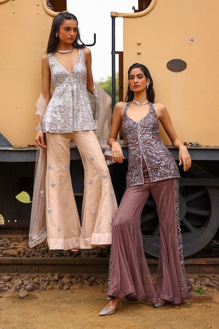 Sabe_Silver Net, Tissue Sequins V-neck Designer Peach Anjum Sharara Set _at_Aza_Fashions