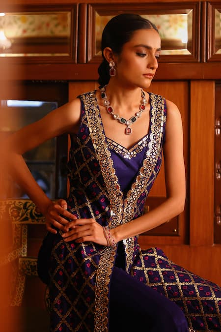 Sabe Navy Silk Sequins, Beads, Embroidery V-neck Blue Bandhani Jacket And Sharara Set Online at Aza Fashions Sabe_Navy Silk Sequins, Beads, Embroidery V-neck Blue Bandhani Jacket And Sharara Set _Online_at_Aza_Fashions