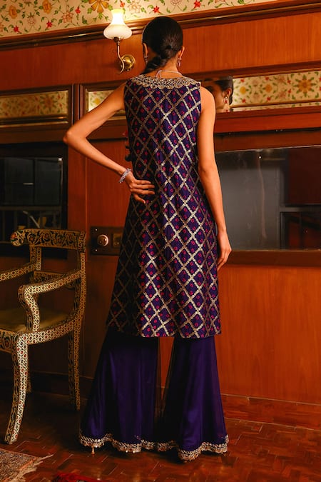 Sabe Navy Blue Bandhani Silk Jacket & Sharara Set 