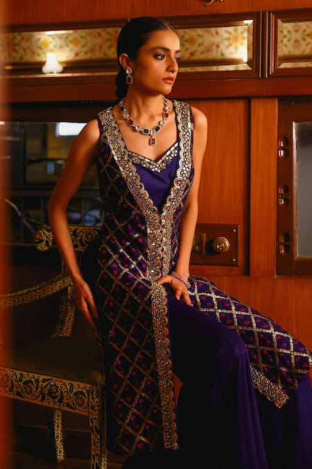 Buy Sabe Navy Silk Sequins, Beads, Embroidery V-neck Blue Bandhani Jacket And Sharara Set Online at Aza Fashions Buy_Sabe_Navy Silk Sequins, Beads, Embroidery V-neck Blue Bandhani Jacket And Sharara Set _Online_at_Aza_Fashions