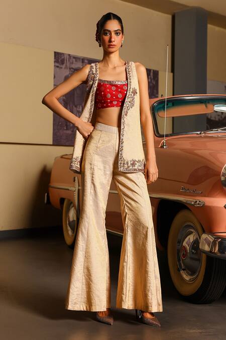 Sabe_Gold Tissue Embroidery Open , Round Maroon Designer Sharara Set _Online_at_Aza_Fashions